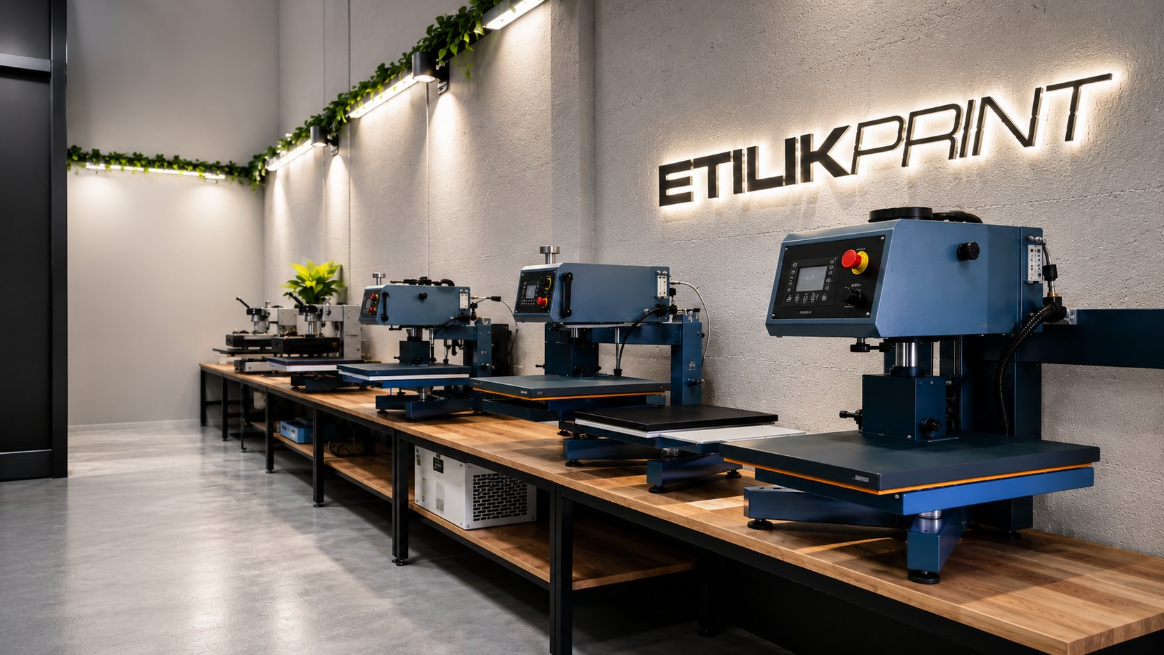 L'atelier Etilik Print à Istres : presses à chaud alignées sous l'enseigne lumineuse.